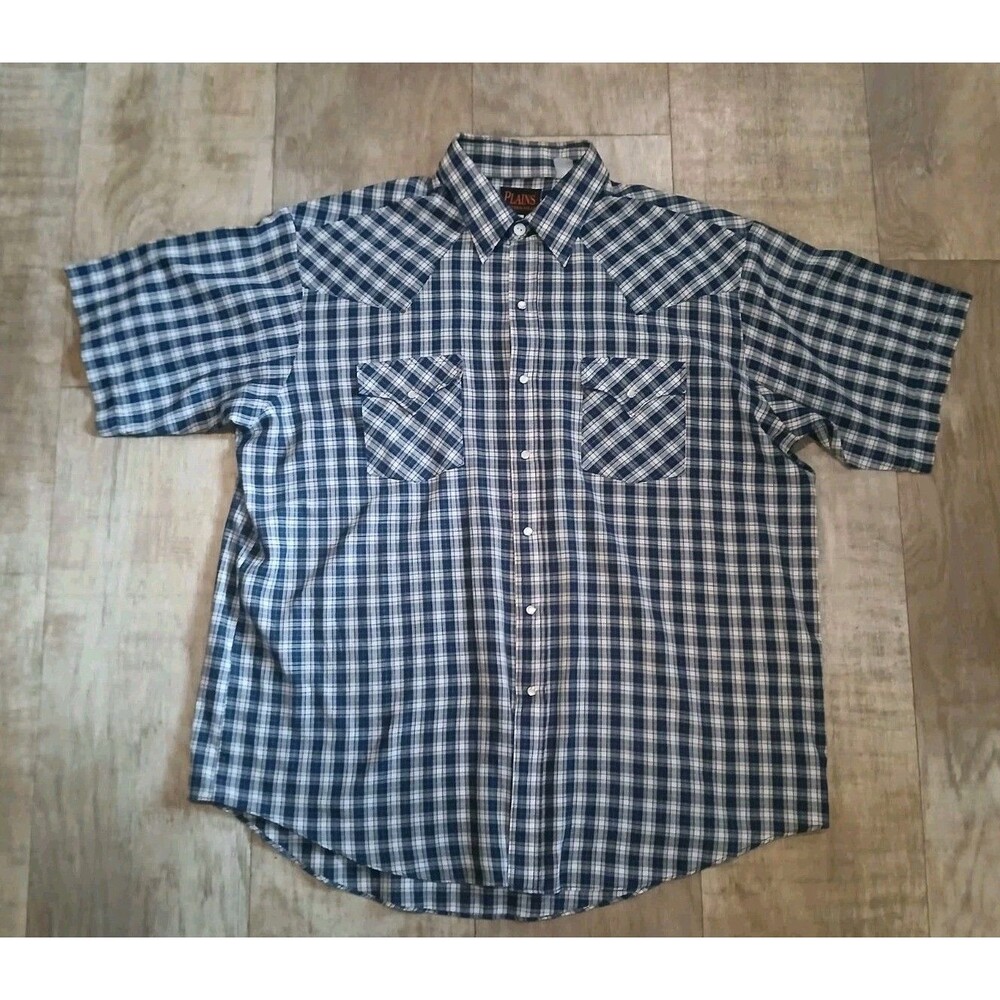 Plains Western Wear Shirt Mens XL Blue Plaid Short Sleeve Pearl Snap